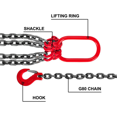 VEVOR Chain Sling, 8 mm x 1m Lifting Chains with Hooks, G80 Engine Chain Hoist Lifts, 5 Ton Load Capacity Lifting Sling Chains for Engine Hoist, Engine Lift Chain with 4 Leg Grab Hooks Heavy Duty