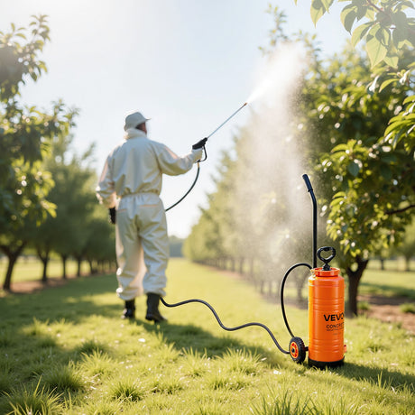 VEVOR Industrial Concrete Sprayer with Wheeled Cart, 14L Stainless Steel Sprayer, Heavy Duty Tri-Poxy Pump Sprayers, 52cm Wand, 1.2m & 3m Hoses, 2 Brass Nozzles for Construction, Lawn & Garden