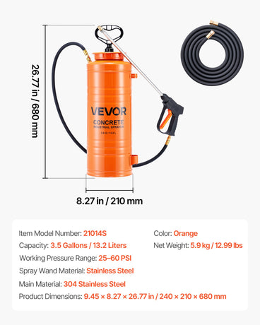 VEVOR Industrial Concrete Sprayer, 14L Stainless Steel Sprayer, Heavy Duty Tri-Poxy Pump Sprayers, 52cm Wand with Ergonomic Gun Handle, 1.2m & 3m Hoses, 2 Brass Nozzles for Construction, Garden