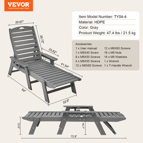 Outdoor Chaise Lounge Chair 6 Positions Reclining Patio Bench Lounger Gray