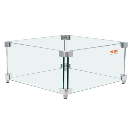 Gas Fire Pit Wind Guard for Square Fire Table, 380 x 380 x 180 mm Clear Tempered Wind Guard for Firepits, 8mm Thick Square Glass Shield, Glass Panel with Hard Corner Bracket & Feet