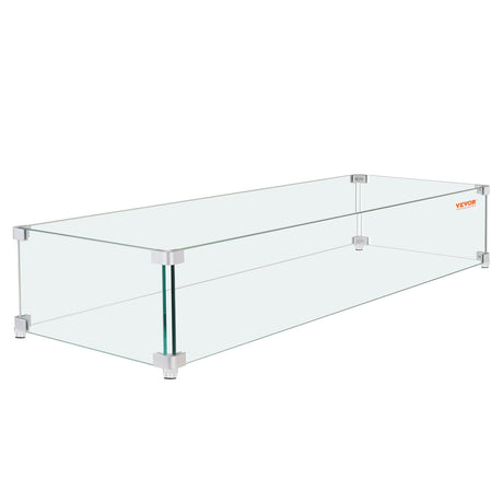 Gas Fire Pit Wind Guard for Square Fire Table, 595 x 190 x 165 mm Clear Tempered Wind Guard for Firepits, 8mm Thick Square Glass Shield, Glass Panel with Hard Corner Bracket & Feet