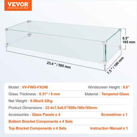 Gas Fire Pit Wind Guard for Square Fire Table, 595 x 190 x 165 mm Clear Tempered Wind Guard for Firepits, 8mm Thick Square Glass Shield, Glass Panel with Hard Corner Bracket & Feet