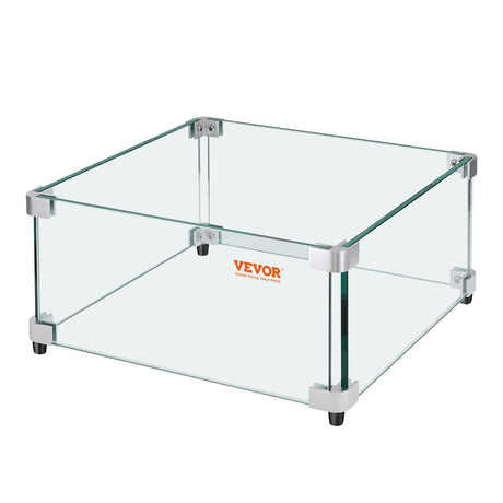 Gas Fire Pit Wind Guard for Square Fire Table, 543 x 543 x 191 mm Clear Tempered Wind Guard for Firepits, 8mm Thick Square Glass Shield, Glass Panel with Hard Corner Bracket & Feet