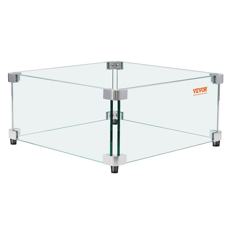 Gas Fire Pit Wind Guard for Square Fire Table, 543 x 543 x 191 mm Clear Tempered Wind Guard for Firepits, 8mm Thick Square Glass Shield, Glass Panel with Hard Corner Bracket & Feet