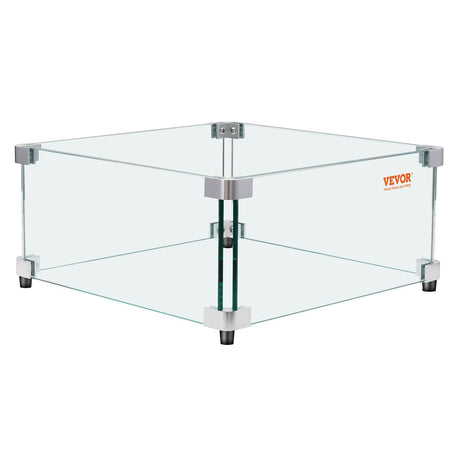 Gas Fire Pit Wind Guard for Square Fire Table, 493 x 493 x 191 mm Clear Tempered Wind Guard for Firepits, 8mm Thick Square Glass Shield, Glass Panel with Hard Corner Bracket & Feet
