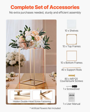 VEVOR Wedding Flower Stand, 10PCS 40cm Column Flower Stand, Floral Stands with Acrylic Laminate, Gold Rectangular Floral Display Rack for Wedding, Party, Birthday, Home,  Gold Centerpiece Stands