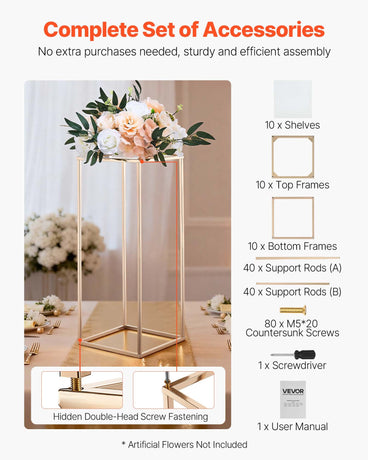 VEVOR Wedding Flower Stand, 10PCS 60cm Column Flower Stand, Floral Stands with Acrylic Laminate, Gold Rectangular Floral Display Rack for Wedding, Party, Birthday, Home,  Gold Centerpiece Stands
