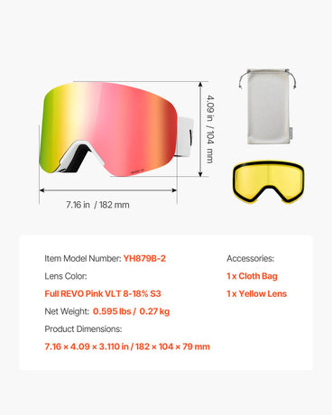 VEVOR Frameless Ski Goggles, Magnet Cylindrical Lens with Pink Revo Coating, OTG Anti fog Snow Goggles for Men Women Youth, TPU Frame & Ventilation Structure, Fit for Skiing, Skating, Snowboarding