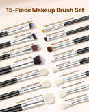 VEVOR 15-Piece Makeup Brush Set for Foundation Blending Eyeshadow, Professional Vegan Brushes with Soft Synthetic Bristles, Ergonomic Wood Handle & Aluminum Ferrule, Portable and Travel-Friendly