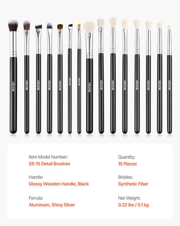 VEVOR 15-Piece Makeup Brush Set for Foundation Blending Eyeshadow, Professional Vegan Brushes with Soft Synthetic Bristles, Ergonomic Wood Handle & Aluminum Ferrule, Portable and Travel-Friendly