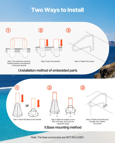 VEVOR Pool Rail, 122 x 81.3 cm Pool Handrail, 100kg Load Capacity Heavy Duty Stainless Steel Swimming Handrail, Seamless Welding, Recessed or Base Mount, for Poolside, Water Parks, Spa Centers