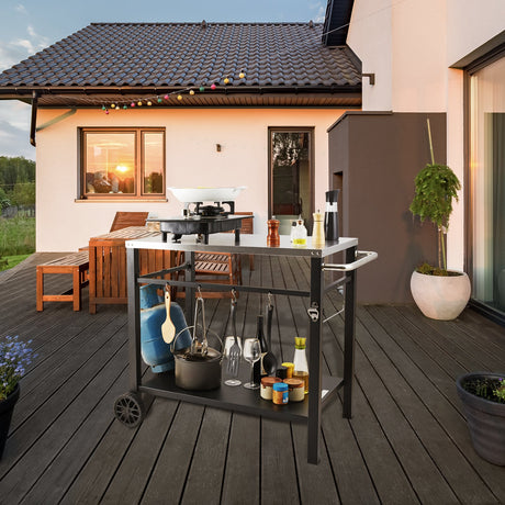 Outdoor Grill Dining Cart with Double-Shelf, 85*55cm BBQ Movable Food Prep Table, Multifunctional Stainless Steel Table Top, Portable Modular Carts for Pizza Oven, Worktable with 2 Wheels, Carry Handle