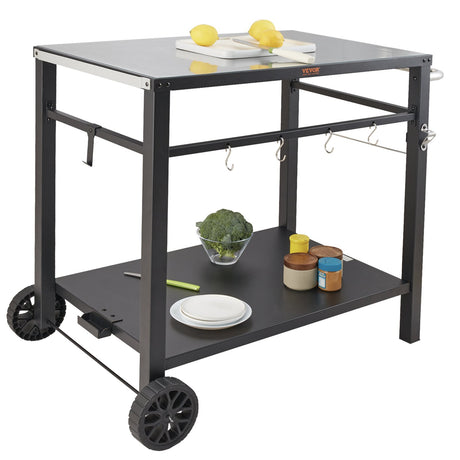 Outdoor Grill Dining Cart with Double-Shelf, 85*55cm BBQ Movable Food Prep Table, Multifunctional Iron Table Top, Portable Modular Carts for Pizza Oven, Worktable with 2 Wheels, Carry Handle, Black