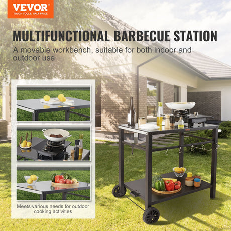 Outdoor Grill Dining Cart with Double-Shelf, 85*55cm BBQ Movable Food Prep Table, Multifunctional Iron Table Top, Portable Modular Carts for Pizza Oven, Worktable with 2 Wheels, Carry Handle, Black