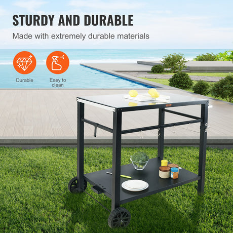 Outdoor Grill Dining Cart with Double-Shelf, 85*55cm BBQ Movable Food Prep Table, Multifunctional Iron Table Top, Portable Modular Carts for Pizza Oven, Worktable with 2 Wheels, Carry Handle, Black