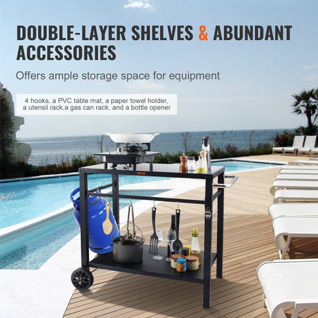 Outdoor Grill Dining Cart with Double-Shelf, 85*55cm BBQ Movable Food Prep Table, Multifunctional Iron Table Top, Portable Modular Carts for Pizza Oven, Worktable with 2 Wheels, Carry Handle, Black
