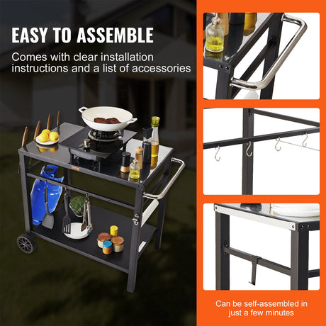 Outdoor Grill Dining Cart with Double-Shelf, 85*55cm BBQ Movable Food Prep Table, Multifunctional Iron Table Top, Portable Modular Carts for Pizza Oven, Worktable with 2 Wheels, Carry Handle, Black