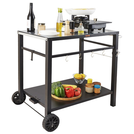 Outdoor Grill Dining Cart with Double-Shelf, 85*55cm BBQ Movable Food Prep Table, Multifunctional Iron Table Top, Portable Modular Carts for Pizza Oven, Worktable with 2 Wheels, Carry Handle, Black