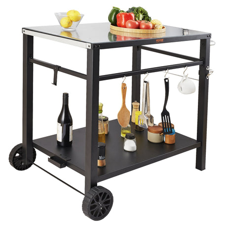 Outdoor Grill Dining Cart with Double-Shelf, 85*55cm BBQ Movable Food Prep Table, Multifunctional Iron Table Top, Portable Modular Carts for Pizza Oven, Worktable with 2 Wheels, Carry Handle, Black