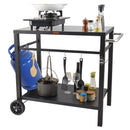 Outdoor Grill Dining Cart with Double-Shelf, 85*55cm BBQ Movable Food Prep Table, Multifunctional Iron Table Top, Portable Modular Carts for Pizza Oven, Worktable with 2 Wheels, Carry Handle, Black