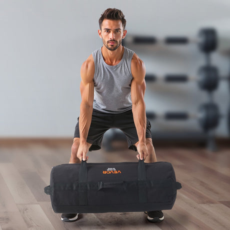 VEVOR Workout Sandbag, Heavy Duty Workout Power Bags with Handles, 23-56 kg Adjustable Slam Bag for Fitness Strength Weight Training Cross-Training, Home Gym Exercise, Black (Unfilled)