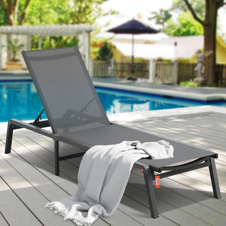 Chaise Lounge Chair Outdoor, Aluminum Patio Lounge Chair with Adjustable 5-Position, Folding Pool Lounge Chair Recliner and Full Flat Tanning Chair for Patio, Beach, Pool, Dark Grey