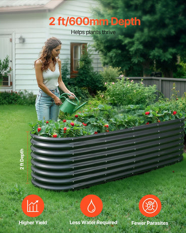 Metal Raised Garden Bed, 2.4 x 0.6 x 0.6 m Oval Outdoor Galvanized Planter Garden Box, Open Bottom Design, Large Planter Raised Bed for Growing Vegetables, Flowers, Herbs, Succulents, Dark Gray