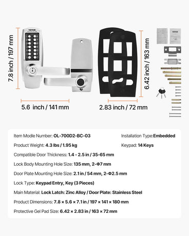 VEVOR Mechanical Keyless Entry Door Lock, 14 Key Mechanical Door Lock with Keys, Mechanical Keypad Door Lock with Handle, Stainless Steel Waterproof Keyless Gate Lock, for Home Office Outdoor Garage