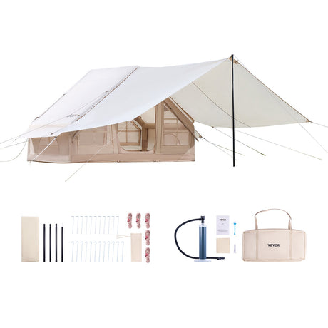 Inflatable Tents for Camping, 3-5 Person Easy Setup Blow up Tent with Hand Pump, 300D Oxford 4 Season Glamping Tent with Canopy, Stove Jack, 2 Doors & 2 Mesh Windows (Storage Bag Included)
