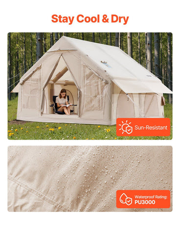 Inflatable Tents for Camping, 4-6 Person Easy Setup Blow up Tent with Hand Pump, 300D Oxford 4 Season Glamping Tent with Stove Jack 2 Doors & 4 Mesh Windows, Storage Bag Included for Easy Taking