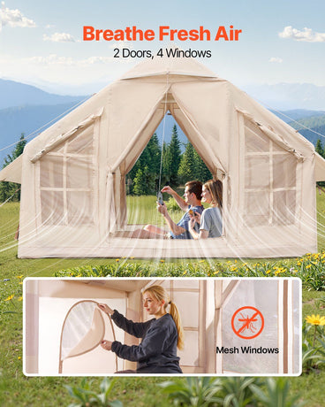 Inflatable Tents for Camping, 4-6 Person Easy Setup Blow up Tent with Hand Pump, 300D Oxford 4 Season Glamping Tent with Stove Jack 2 Doors & 4 Mesh Windows, Storage Bag Included for Easy Taking