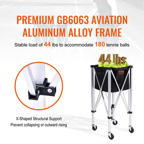 VEVOR Foldable Tennis Ball Hopper, Holds 180 Tennis Balls, Lightweight Aluminum Alloy Tennis Ball Basket Cart with Wheels, Removable Bag, Carry Bag, Portable Sports Teaching Cart for Tennis Player