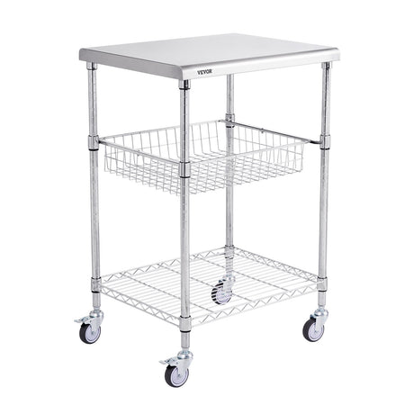 Kitchen Utility Cart, 3 Tiers, Wire Rolling Cart with 213kg Capacity, Steel Service Cart on Wheels, Metal Storage Trolley with 76mm Basket Curved Handle PP Liner 6 Hooks, for Indoor and Outdoor