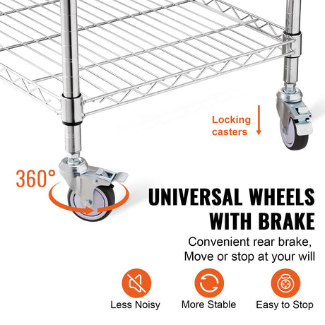Kitchen Utility Cart, 3 Tiers, Wire Rolling Cart with 213kg Capacity, Steel Service Cart on Wheels, Metal Storage Trolley with 76mm Basket Curved Handle PP Liner 6 Hooks, for Indoor and Outdoor