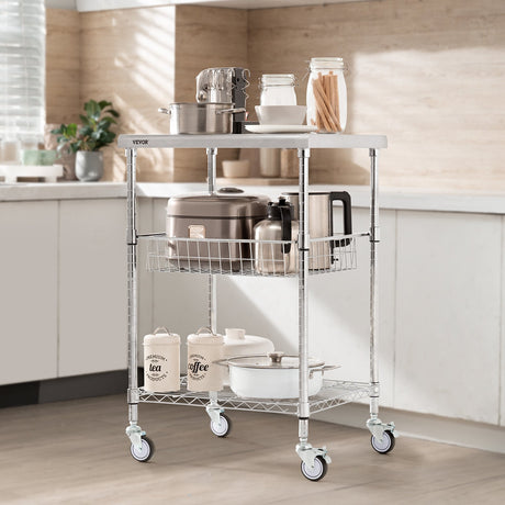 Kitchen Utility Cart, 3 Tiers, Wire Rolling Cart with 213kg Capacity, Steel Service Cart on Wheels, Metal Storage Trolley with 76mm Basket Curved Handle PP Liner 6 Hooks, for Indoor and Outdoor