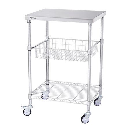Kitchen Utility Cart, 3 Tiers, Wire Rolling Cart with 213kg Capacity, Steel Service Cart on Wheels, Metal Storage Trolley with 76mm Basket Curved Handle PP Liner 6 Hooks, for Indoor and Outdoor