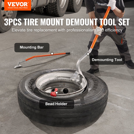VEVOR Tire Mount Demount Tool, 571-622 mm Manual Steel Tire Changer Mount Demount Removal Tool, with Extra Bead Holder, Tubeless Truck Bead Breaker, 3 PCS Tire Changing Tools, Orange