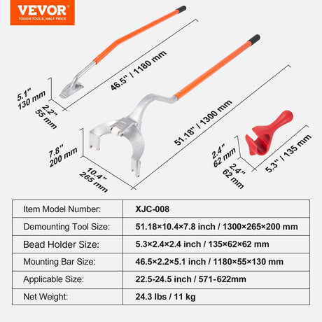 VEVOR Tire Mount Demount Tool, 571-622 mm Manual Steel Tire Changer Mount Demount Removal Tool, with Extra Bead Holder, Tubeless Truck Bead Breaker, 3 PCS Tire Changing Tools, Orange