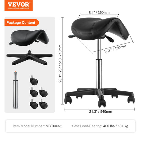 VEVOR Saddle Stool with Wheels, 400 LBS Weight Capacity Ergonomic Rolling Saddle Stool, Height Adjustable Thickened PU Leather Swivel Saddle Stools Chair for Salon, Spa, Tattoo, Clinic, Black