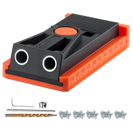 VEVOR Pocket Hole Jig Kit, 12.7 to 38.1 mm Adjustable, Mini Jig Pocket Hole System with Step Drill, Hex Wrench, Drill Stop Ring, Square Drive Bit, and Screws, Reinforced Nylon Frame, for Woodworking