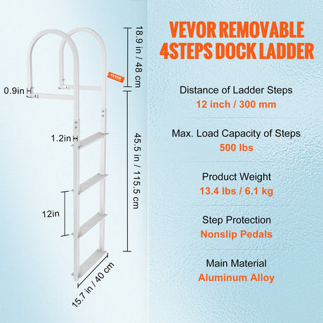 VEVOR Dock Ladder, Removable 4 Steps, 500 lbs Load Capacity, Aluminum Alloy Pontoon Boat Ladder with 3.1'' Wide Step & Nonslip Rubber Mat, Easy to Install for Ship/Lake/Pool/Marine Boarding