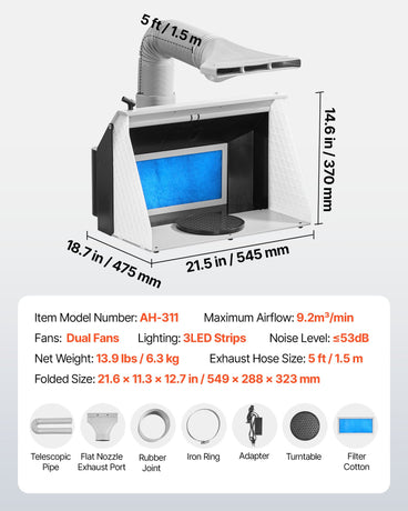 VEVOR Airbrush Spray Booth, Dual Fans, 545 x 475 x 370 mm, Portable Hobby Airbrush Paint Spray Booth Kit with 3 LED Lights and Exhaust Extension Hose, for Painting Models, Arts, Crafts, Cakes