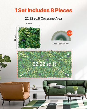 VEVOR Artificial Grass Wall Panels, 8 PCS 20 x 20 inch, 3D Combination Greenery Boxwood  Panel for Indoor Outdoor Green Decor & Ivy Fence Covering, Privacy Backdrop Wall Hedge Screen for Garden