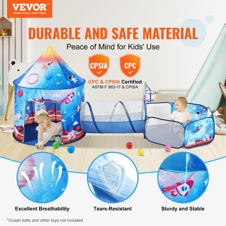 3 in 1 Kids Play Tent with Tunnel for Boys, Girls, Babies and Toddlers, Indoor/Outdoor Pop Up Playhouse with Carrying Bag & Banding Straps Birthday Gifts, Royal Blue Color Rocket Theme