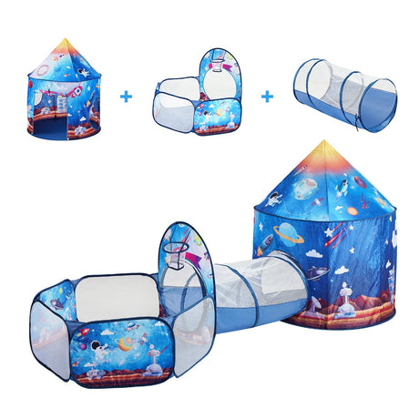3 in 1 Kids Play Tent with Tunnel for Boys, Girls, Babies and Toddlers, Indoor/Outdoor Pop Up Playhouse with Carrying Bag & Banding Straps Birthday Gifts, Royal Blue Color Rocket Theme