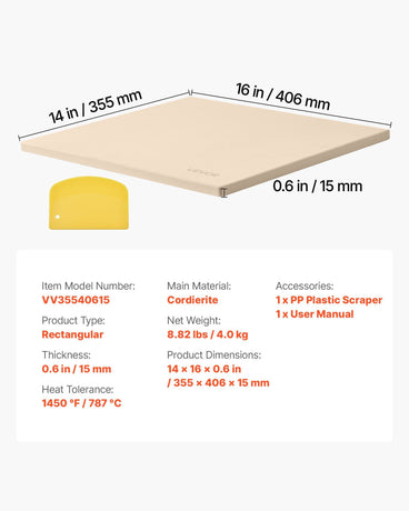 Pizza Stone, 406 x 355 mm Rectangular Cordierite Pizza Stone, Extra Large Baking-Stone with Scraper, 15 mm Thick Heat-Resistant Cordierite, for Kitchen Oven, Baking Bread & Pizzas, BBQ Grilling