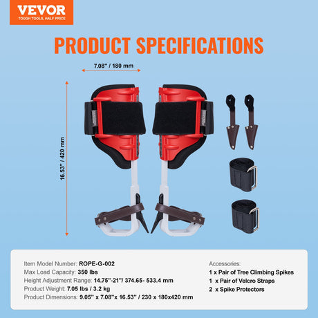 VEVOR Tree Climbing Spikes, 1 Pair Aluminum Climbing Spurs, 350lbs Load Capacity Tree Climbing Gear with Straps and Spike Protectors, Arborist Equipment for Climbers, Hunting, Fruit Picking, Red