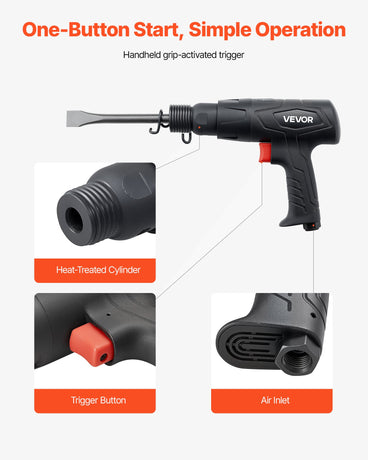 VEVOR Air Hammer, 2500-2700BPM Pneumatic Hammer with 70mm Stroke & 4PCS 170mm Long Barrel Chisels, Pistol-Grip Compact Air Chisel Pneumatic Shovel Tool for Cutting Scraping Demolishing