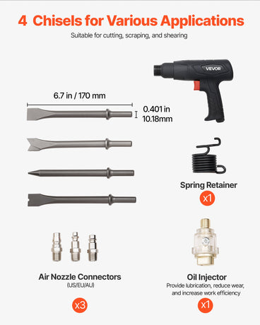 VEVOR Air Hammer, 2500-2700BPM Pneumatic Hammer with 70mm Stroke & 4PCS 170mm Long Barrel Chisels, Pistol-Grip Compact Air Chisel Pneumatic Shovel Tool for Cutting Scraping Demolishing